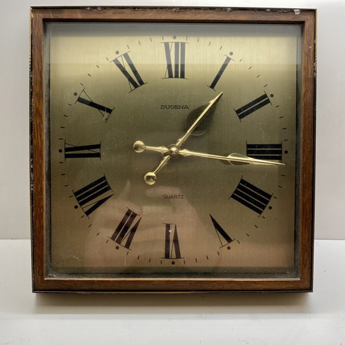 Dugena vintage wall clock used, brass and solid wood