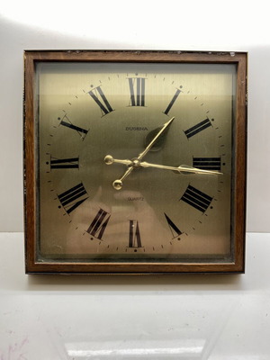 Dugena vintage wall clock used, brass and solid wood