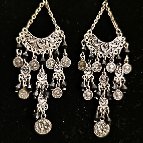 Boho earrings like new with black beads and coins, 9 cm