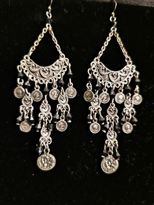 Boho earrings like new with black beads and coins, 9 cm