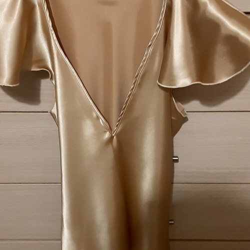 Glamour Rebecca Blu satin top short sleeve gold new