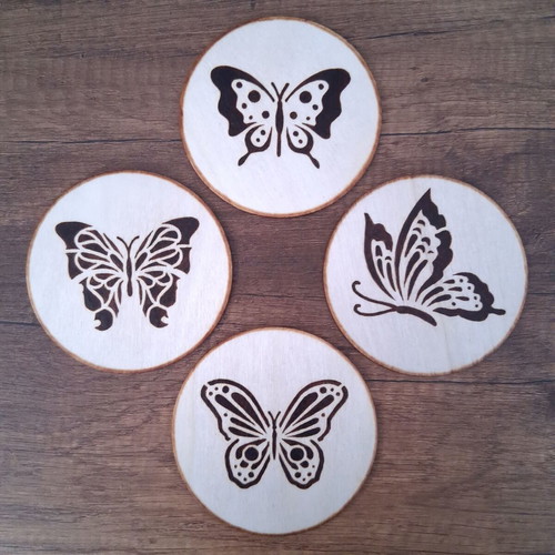 Handmade coasters set of 4 with pyrography butterflies, new