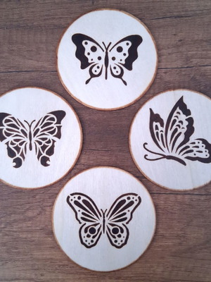 Handmade coasters set of 4 with pyrography butterflies, new
