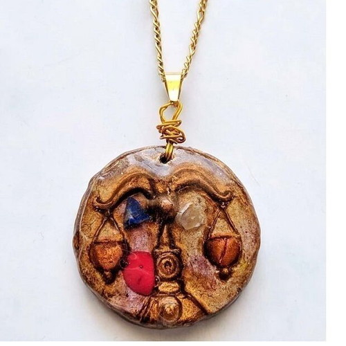 Libra handmade polymer clay necklace with semi-precious stones gold color
