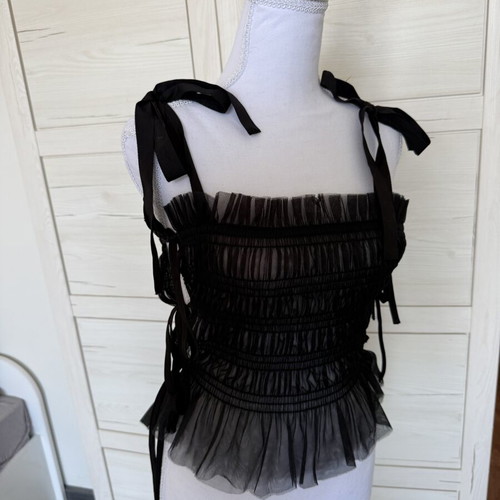 Monki Tulle Top like new with decorative bows, black