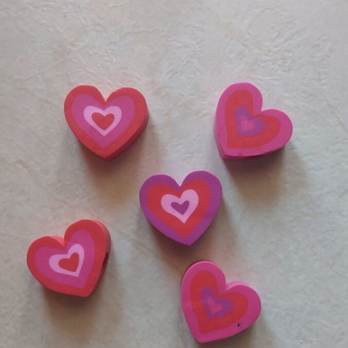 Heart erasers set of 5 with pencil hole, new, 3 color combinations