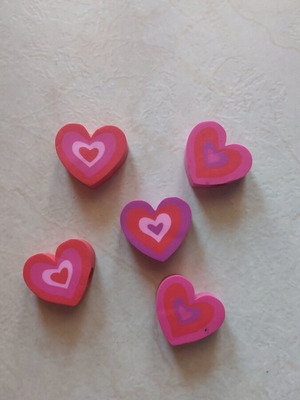 Heart erasers set of 5 with pencil hole, new, 3 color combinations