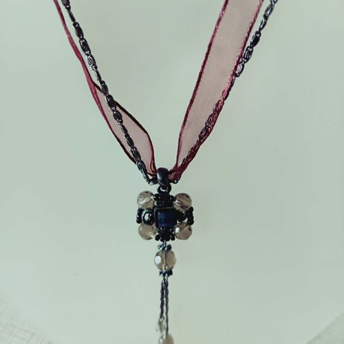 Necklace romantic with ribbon and chain, new, beige and silver
