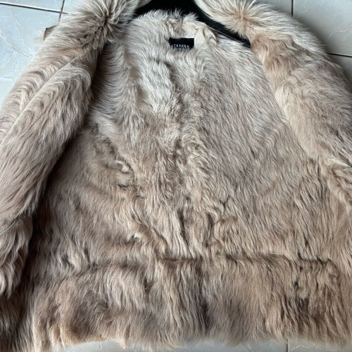 Mouton fur vest used, genuine, gray and beige