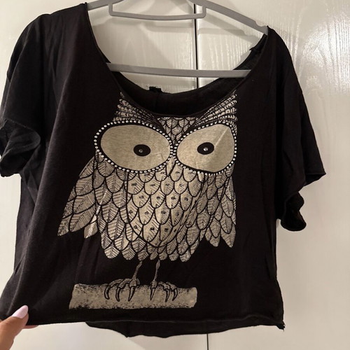 Crop summer blouse black with owl print, one size