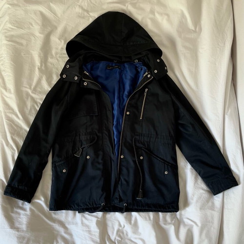 Zara black parka with blue satin lining and detachable hood size L