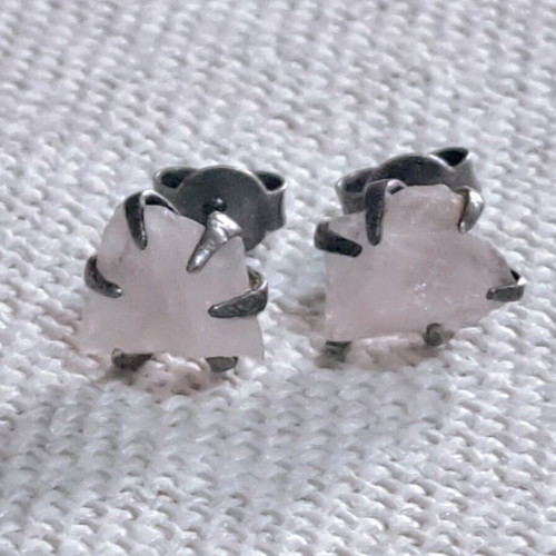 Raw Rose Quartz Stud Earrings handmade, like new, silver 925