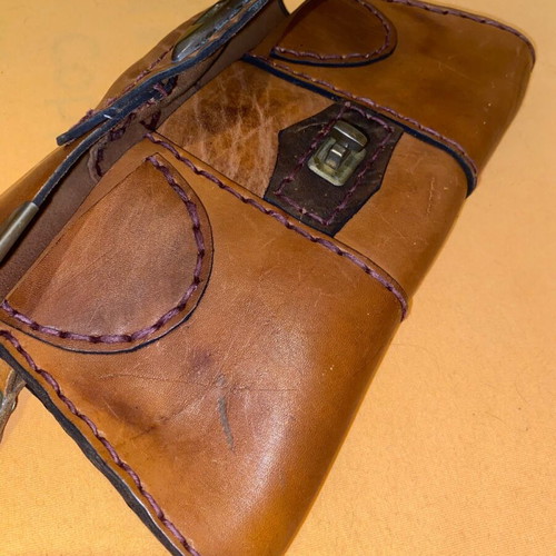 Vintage leather envelope bag for women used, handmade, brown