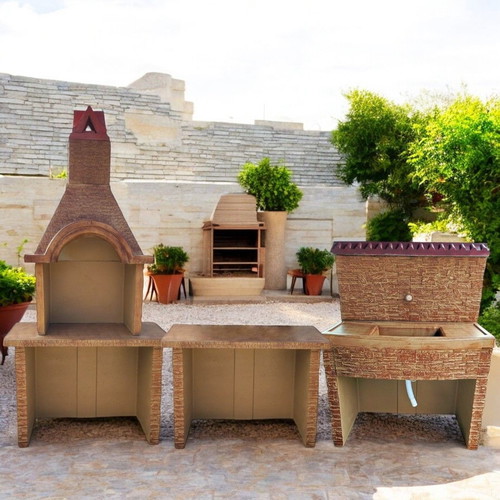 Roberta Outdoor Summer Kitchen Set Concrete Barbecue with Sink and Beige Brown Countertop