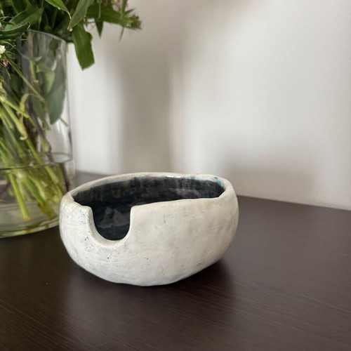 Handmade ceramic noodle bowl in dark blue and cream, new