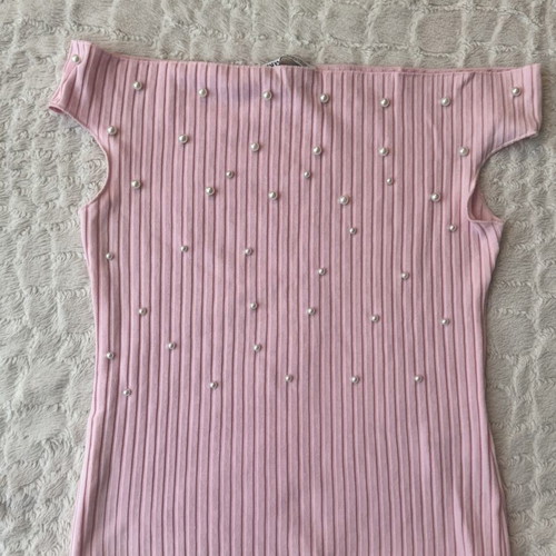 Zara Pink Ribbed Top with Pearl Details Size S Like New