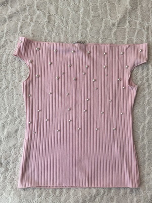 Zara Pink Ribbed Top with Pearl Details Size S Like New