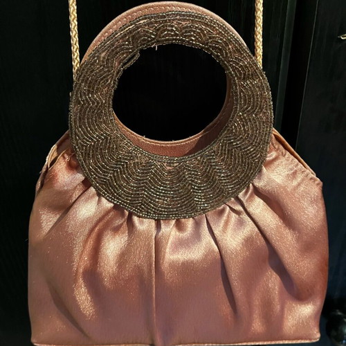 Vintage satin evening handbag new pink salmon with beads