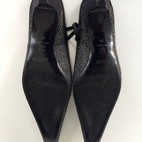 Rodo black satin slingbacks with iridescent crystals used