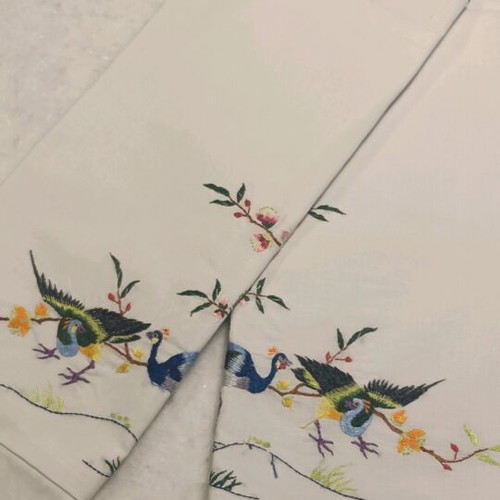 Pillowcases with peacocks used, hand-embroidered 1950s folk art