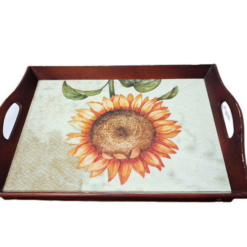 Vintage wooden tray with sunflower rustic decor used
