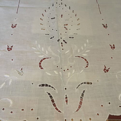 Two handmade linen window curtains with cutwork embroidery and openwork