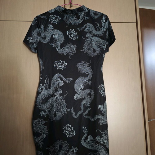 Mini dress used with Chinese dragon print, black, size M