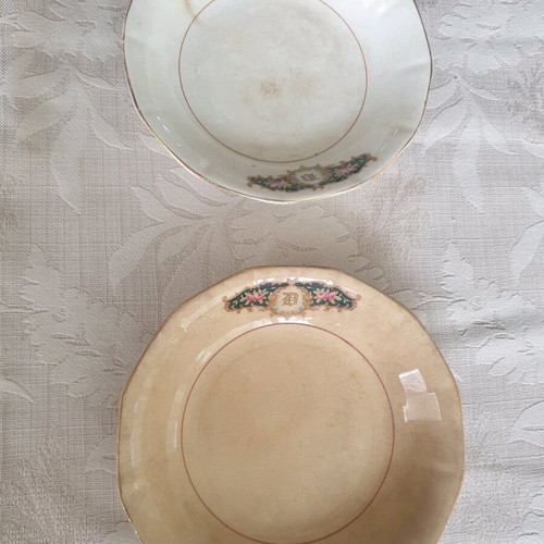 English porcelain plates refurbished, pack of 2, pre-war with damages