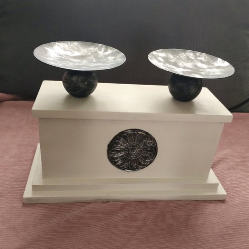 Wooden candlestick like new with metal bases off-white