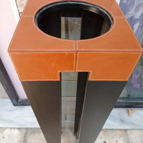 Decorative floor planter used, wood, leather, metal