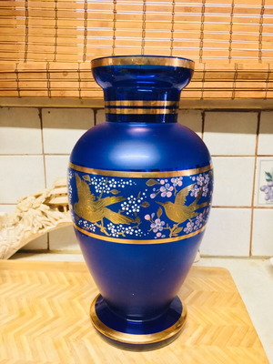 Bohemian Cobalt Vase handmade new with gold details
