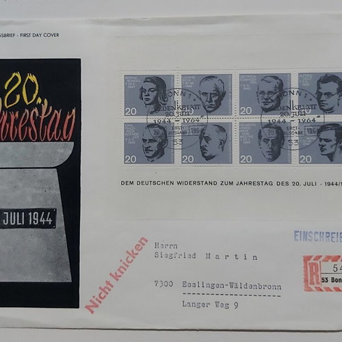 First Day Cover 1964 used, 20th Anniversary of German Resistance