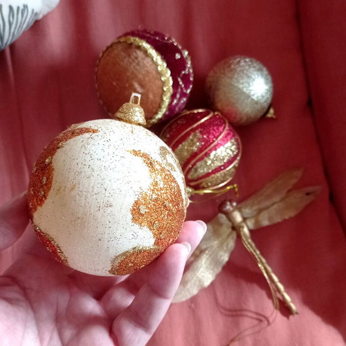 Golden Christmas balls used, set of 5 with dragonfly ornament