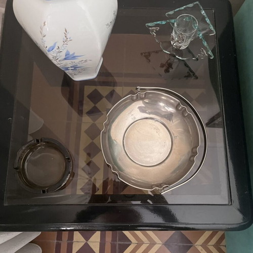 Living room set with 2 fabric sofas and 3 coffee tables used
