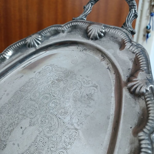 Vintage metal oval serving tray with handles