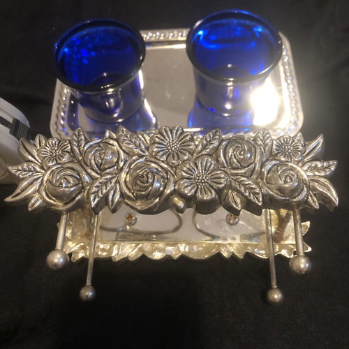 Vintage Art Nouveau salt and pepper set with cobalt blue glass, like new