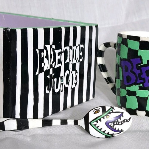 Hand-painted BeetleJuice cup with spoon custom made