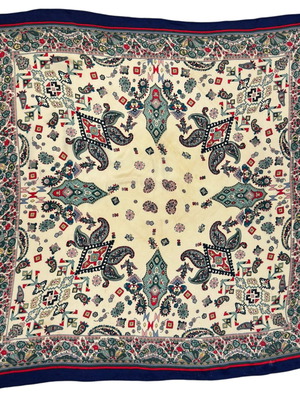 Копринен шал с десен Paisley употребяван, ръчно подгънат, многоцветен 102x105 см