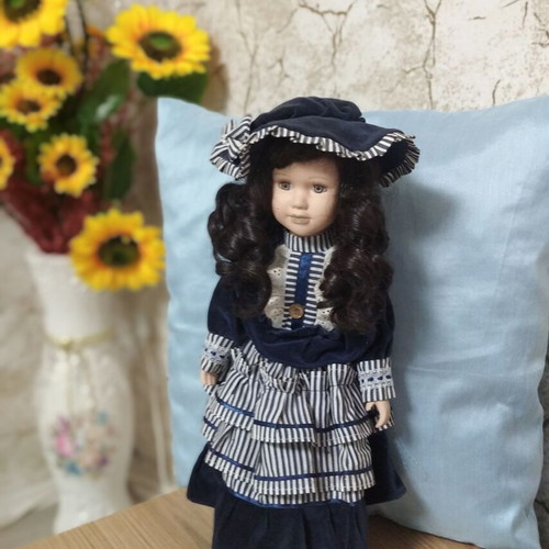 Porcelain doll vintage used, large, velvet dress, 42 cm