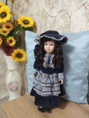 Porcelain doll vintage used, large, velvet dress, 42 cm