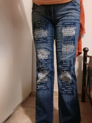 Jeans pants like new with patches and rhinestones blue XXL