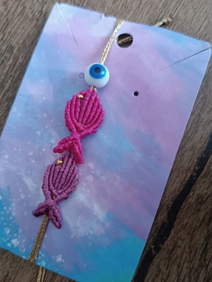 Macrame bracelet with fish and glass eye new, pink