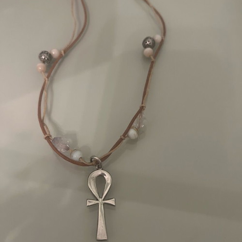 Necklace Egyptian silver cross used with beige and brown cord