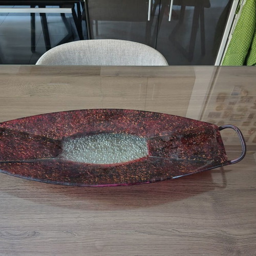 Decorative elongated glass platter like new with red and gold crackle on metal base
