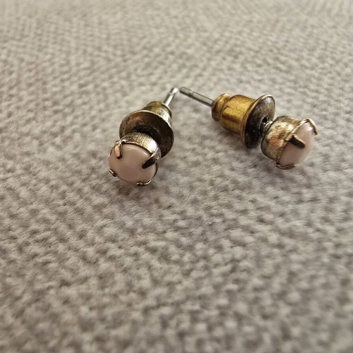 Vintage stud earrings with pink stone, antique gold tone