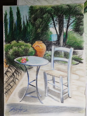 Garden table drawing with watercolor pencils, new
