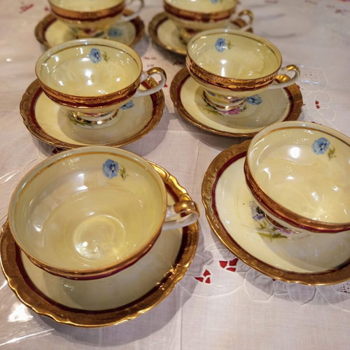 Vintage porcelain tea set 6 pieces used with burgundy and gold details