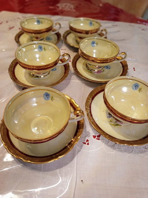 Vintage porcelain tea set 6 pieces used with burgundy and gold details