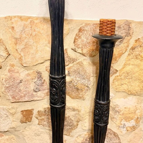 Set of 2 wooden floor candlesticks used, vintage neoclassic style