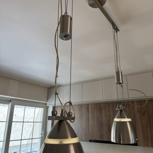 Double Inox Pendant Light like new, modern industrial design